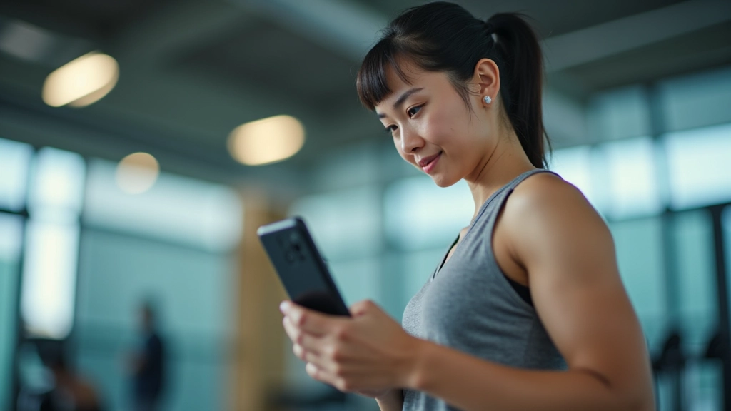 Person checking progress on a fitness tracker or performance app on smartphone in modern gym setting, reviewing training data
